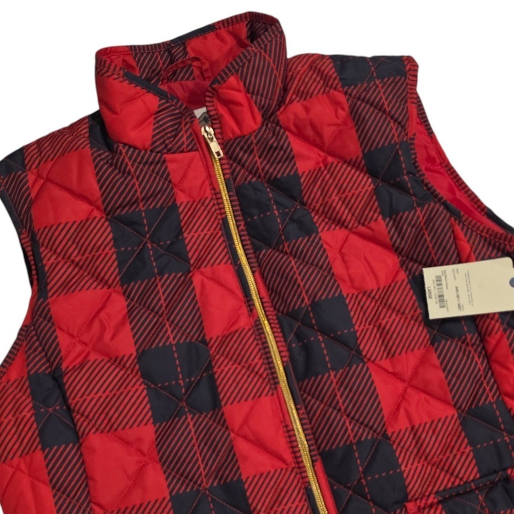 St Johns Bay Womens Quilted Vest Red Black Buffalo Plaid Puffer Large NWT